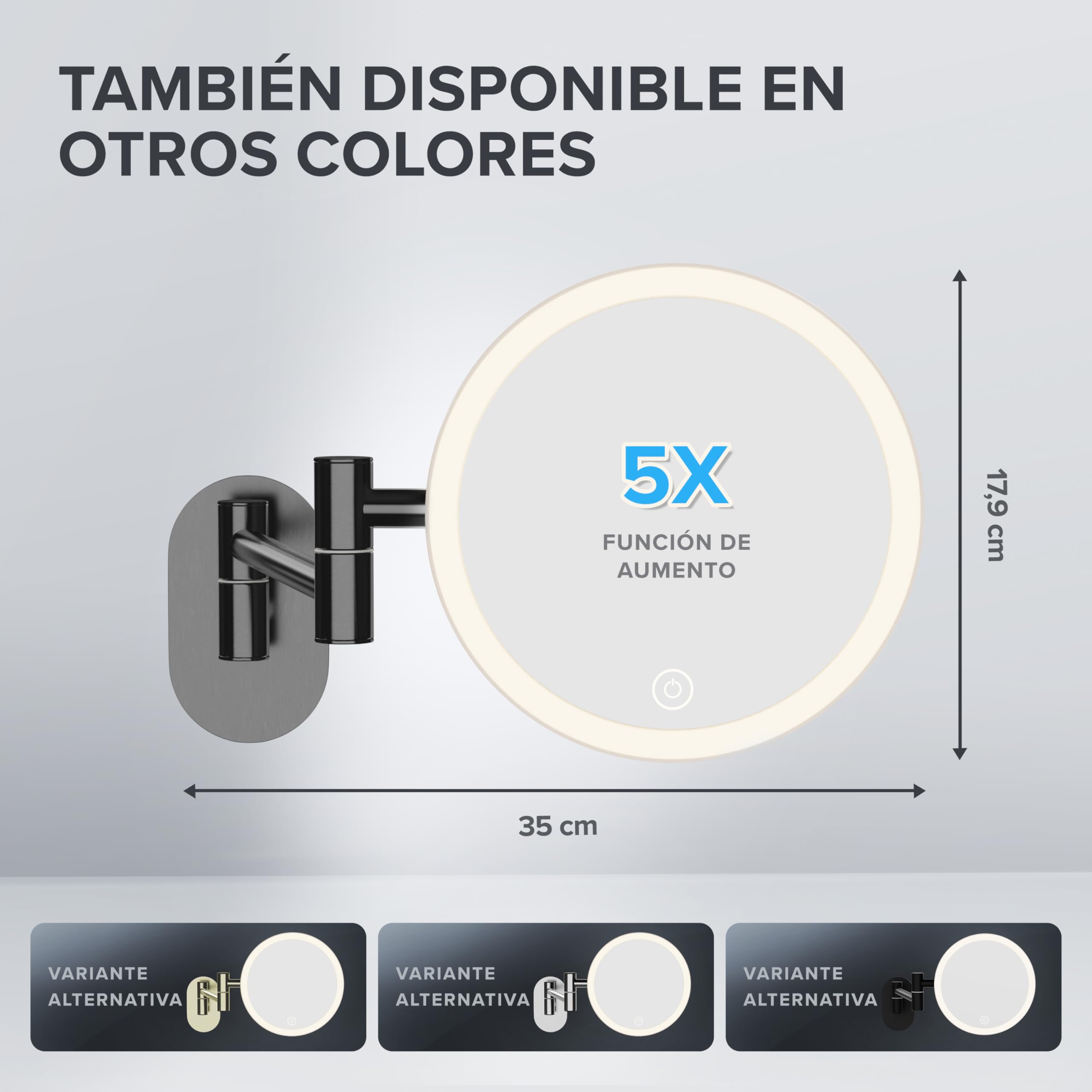 Espejo de aumento Ringstind Gunmetal | con iluminación | recargable | Montaje en pared sin taladrar | en el baño | Espejo de aumento 5x | Espejo de maquillaje con luz | espejo de 360 ​​​​grados