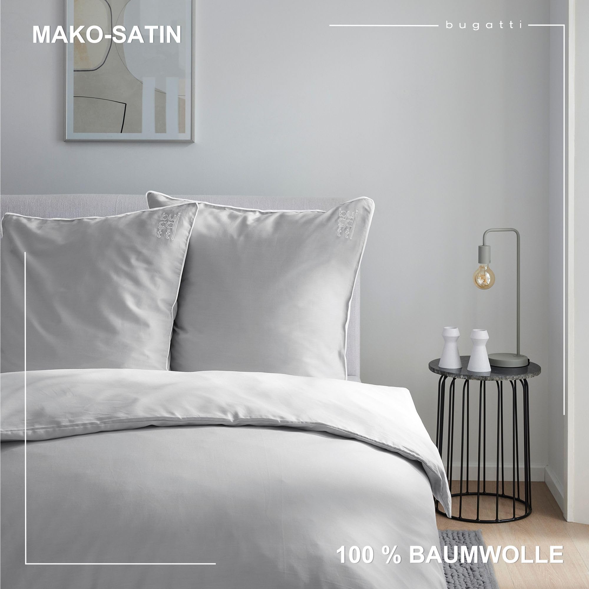 bugatti Bettwäsche 135x200 cm - 100% Baumwolle, Reißverschluss, anschmiegsam, weich & waschbar, Satinbettwäsche hellgrau einfarbig