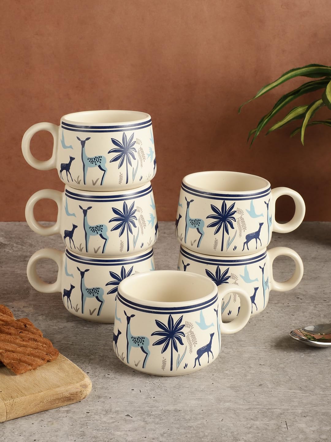 miah decor Ceramic Matte Printed Tea Coffee Mug Set of 6 Studio PoteryDrinkware Microwave Safe Stoneware Cups for Home & Restaurant - (Size HxW:-2X3.5 inches;Volume:- 190 ml)