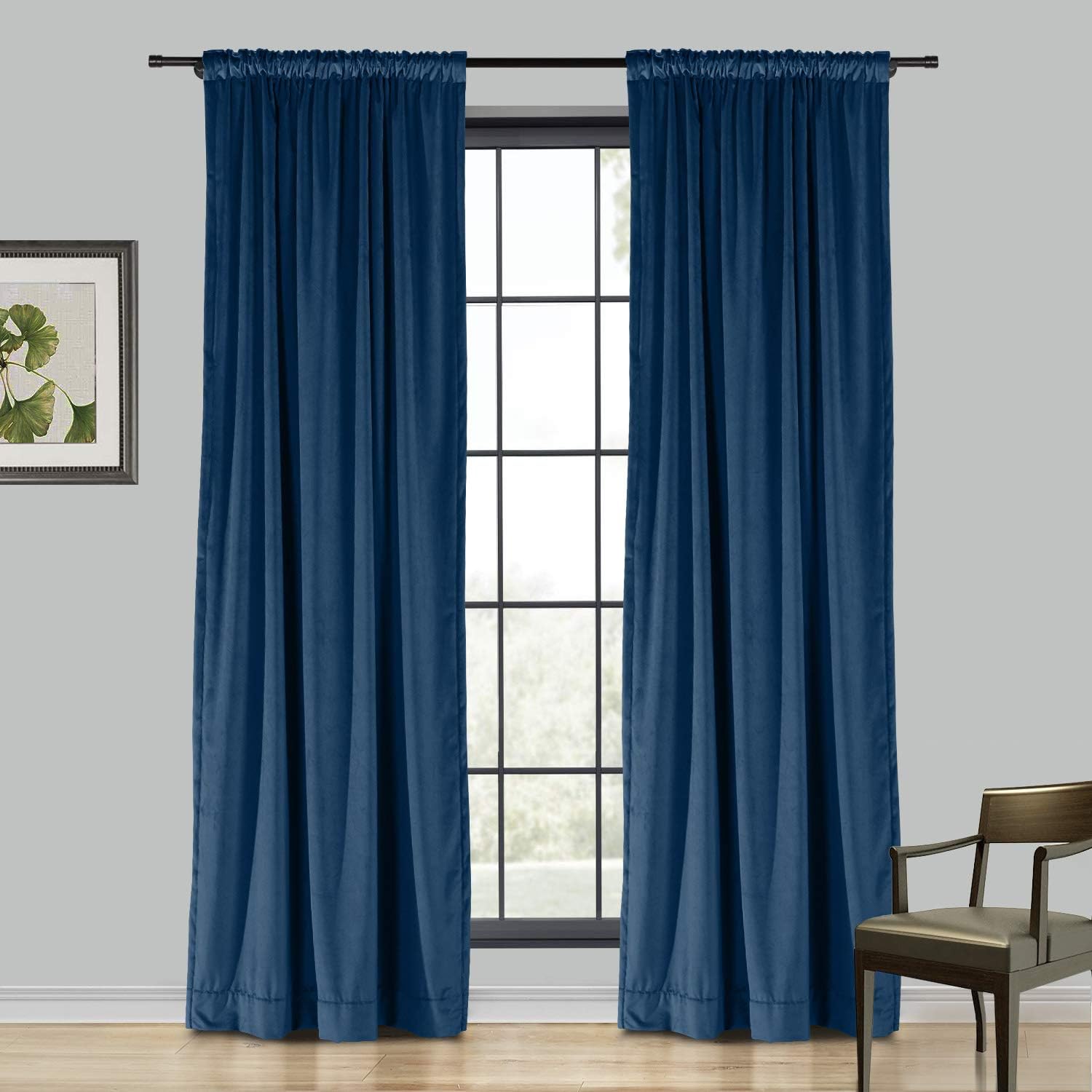 TWOPAGES Soft Velvet Textured Curtain for Bedroom, Navy Blue Solid Room Darkening Flat Hook Curtain Window Treatment Curtain, 1 Panel, 84W x 96L Inches 4 in 1 Header