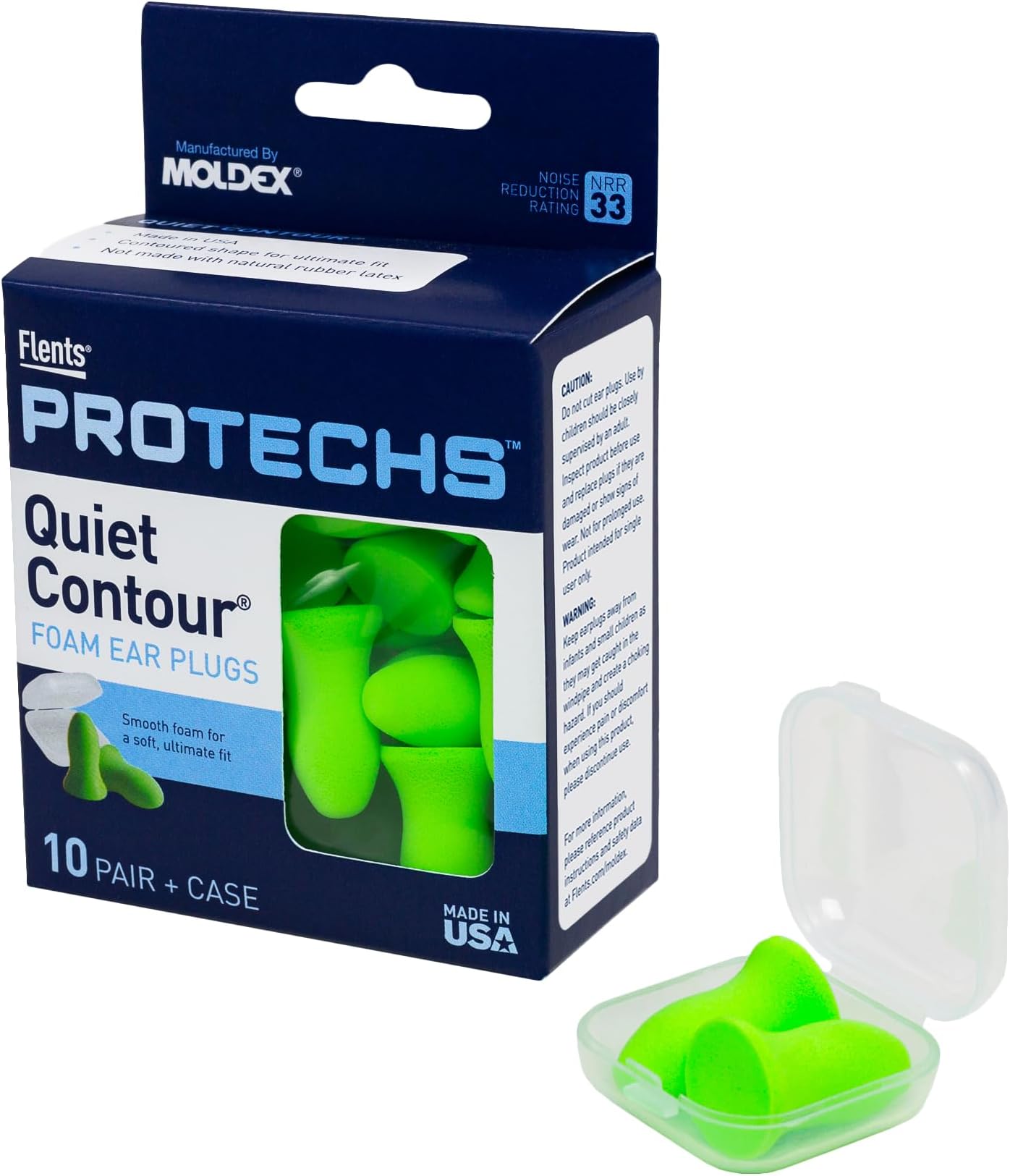 Protechs Foam Ear Plugs, 10 Pair with case Sleeping, Snoring, Loud Noise, Traveling, Concerts, Construction, Studying, Work, Shooting, NRR 33, Noise Cancelling, Green, Made in the USA