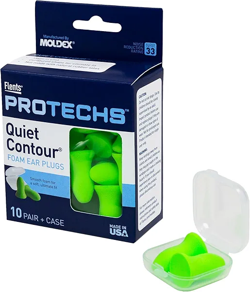 Flents Protechs Foam Ear Plugs, 10 Pair with case Sleeping, Snoring, Loud Noise, Traveling, Concerts, Construction, Studying, Work, Shooting, NRR 33, Noise Cancelling, Green, Made in the USA