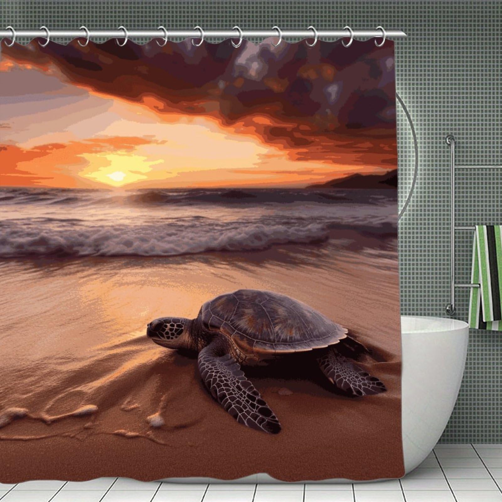 FekiLoot Sea Turtle Sunset Shower Curtain with Hooks Modern Farmhouse Bathroom Curtain Waterproof Cloth Bath Curtains Cute Washable Blackout Privacy Curtains for Bathroom Bathtub 70.8"x70.8"