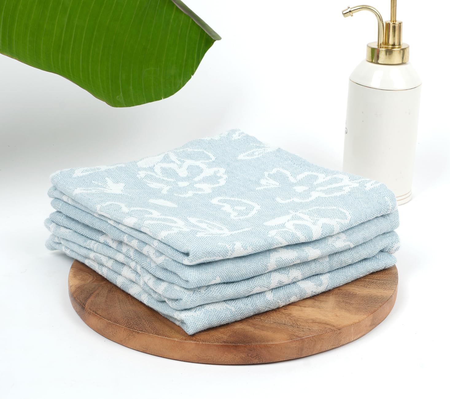 Banana Jacquard Floral Face Towel, High Absorbency, Quick Dry, Anti-Odor, Supersoft, 35 x 35 cm, 300 GSM, Pack of 4 - Chalk Blue