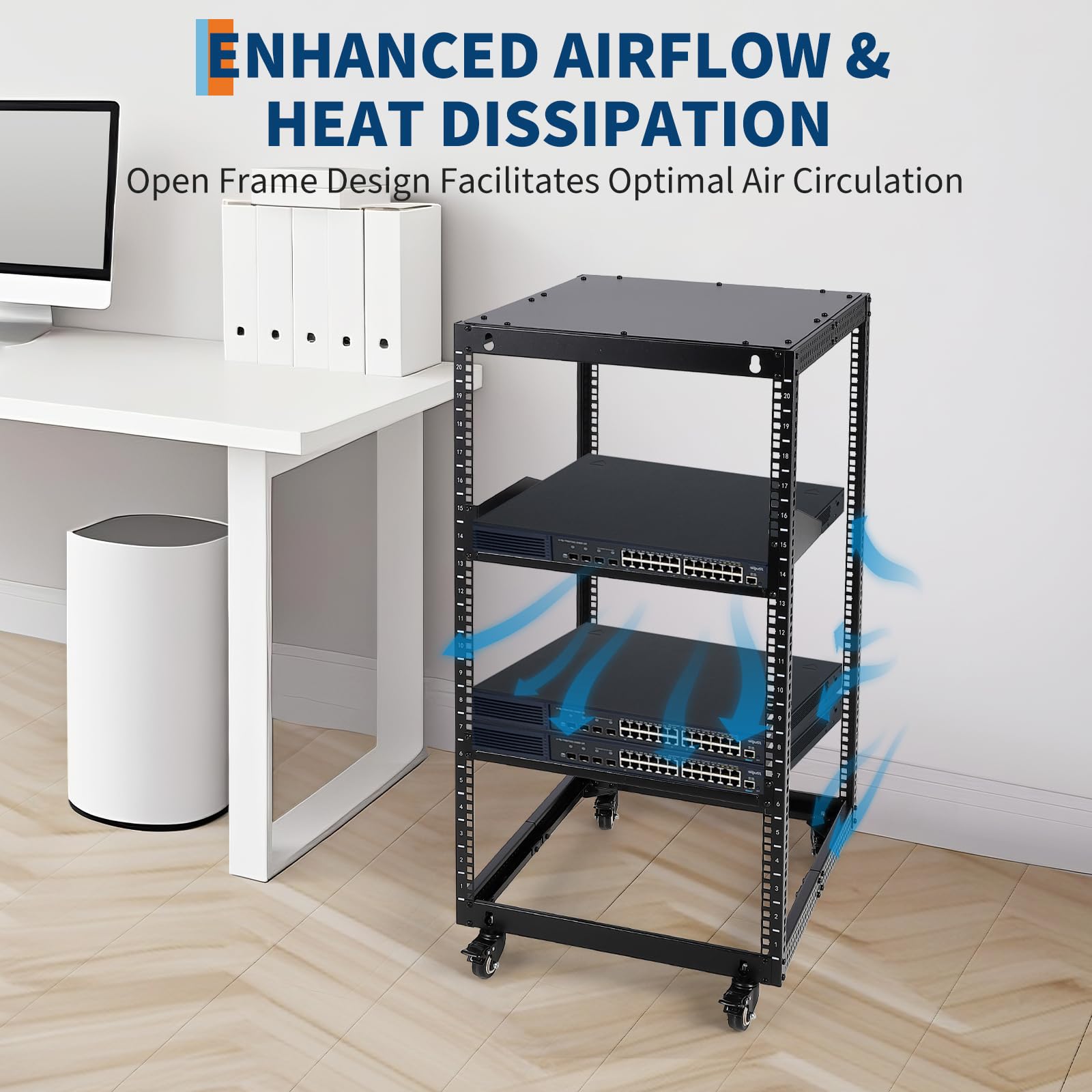 GarveeHome Rack Server e Rete Open Frame in acciaio - Profondità regolabile 56-102cm - 10U - 2 ripiani ventilati, 4 ruote bloccabili - Montaggio a muro o pavimento - Per IT, AV, networking - Include 2