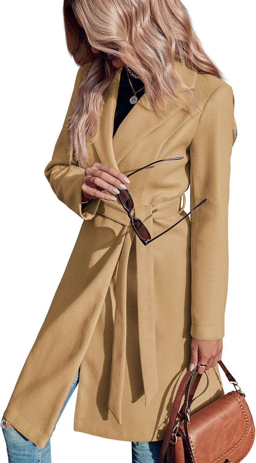 Fazortev Womens Pea Trench Coats Notched Lapel Double Breasted Belted Business Casual Jackets Outerwear - Image 3