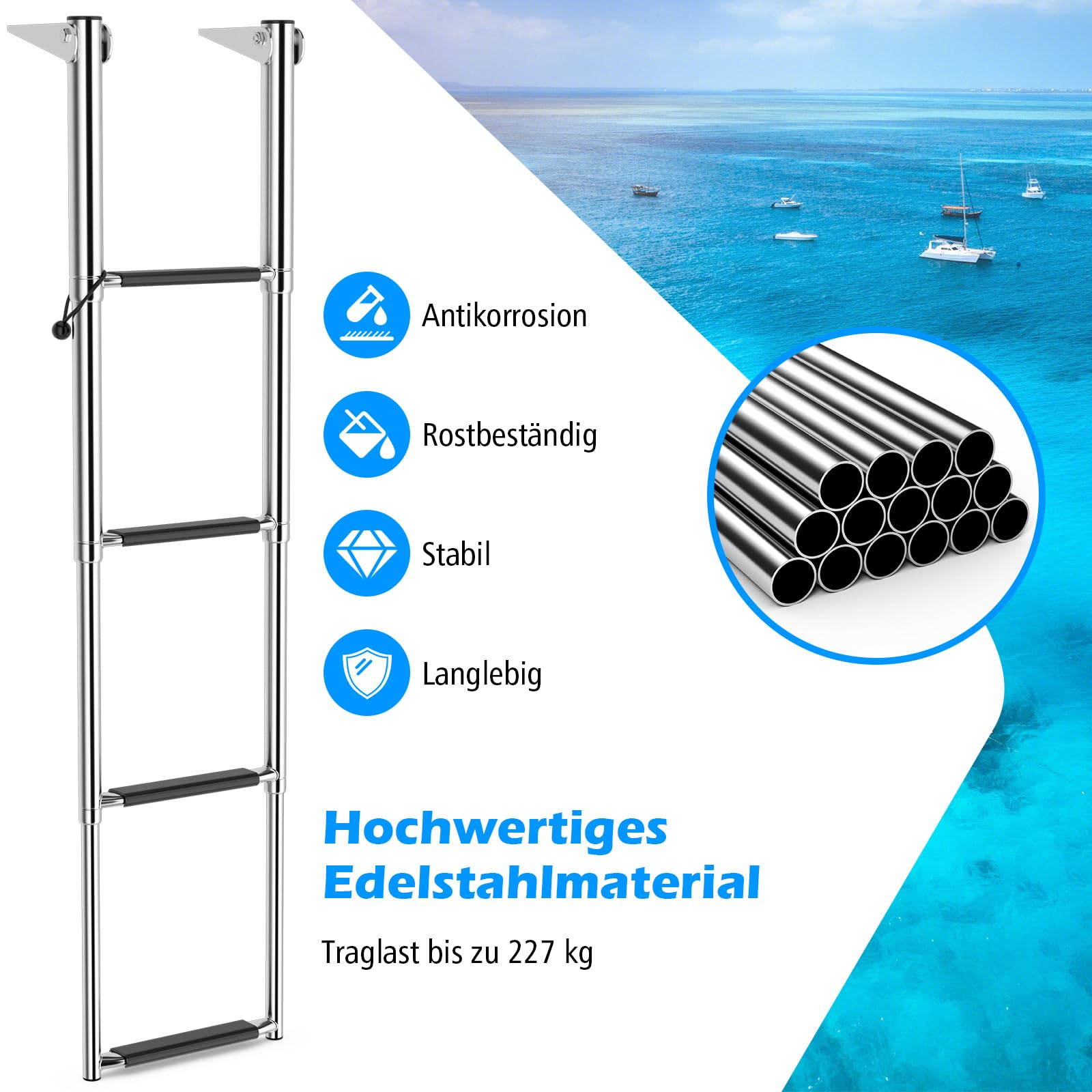 COSTWAY Badeleiter Boot mit 4 Stufen, klappbare Teleskop-Poolleiter mit rutschfesten Stufen, Edelstahl Bootleiter, Schwimmbadleiter bis 227 kg belastbar