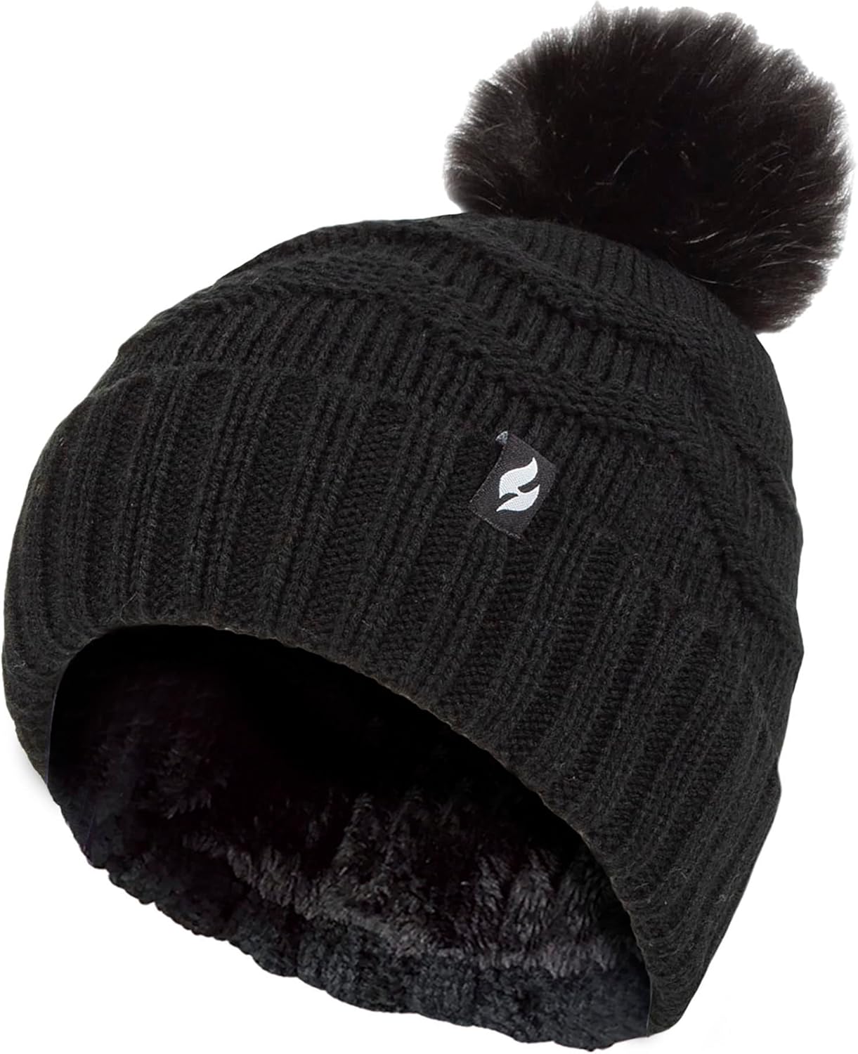 HEAT HOLDERS Women Cuff Fur Pom Pom Hat Winter Zig Zag Pattern Bobble Beanie