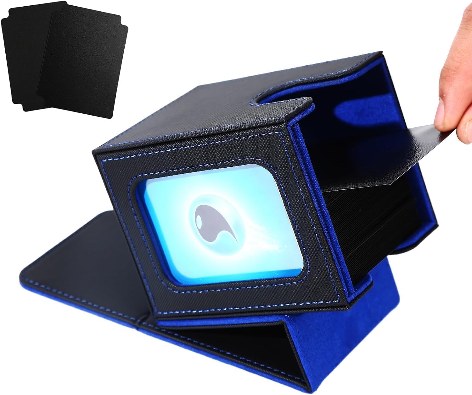Venssu MTG Deck Box for Commander Display,Card Deck Box Fits 100 Double Sleeved Cards, TCG Card Storage Box with 2 Dividers and 1 Toploader (Black＆Blue)