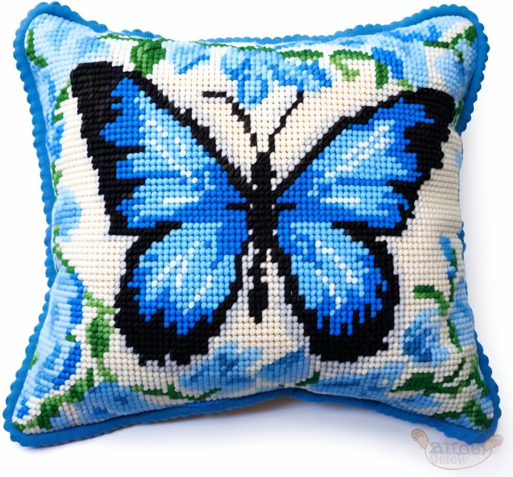 Blue Butterfly Latch Hook Kits Pillow Cover Printed Canvas DIY Cushion Crochet Yarn Needlework Hook Latch Kit Embroidery Pillowcase Rug Home Sofa Christmas Decoration 43x43cm(4)