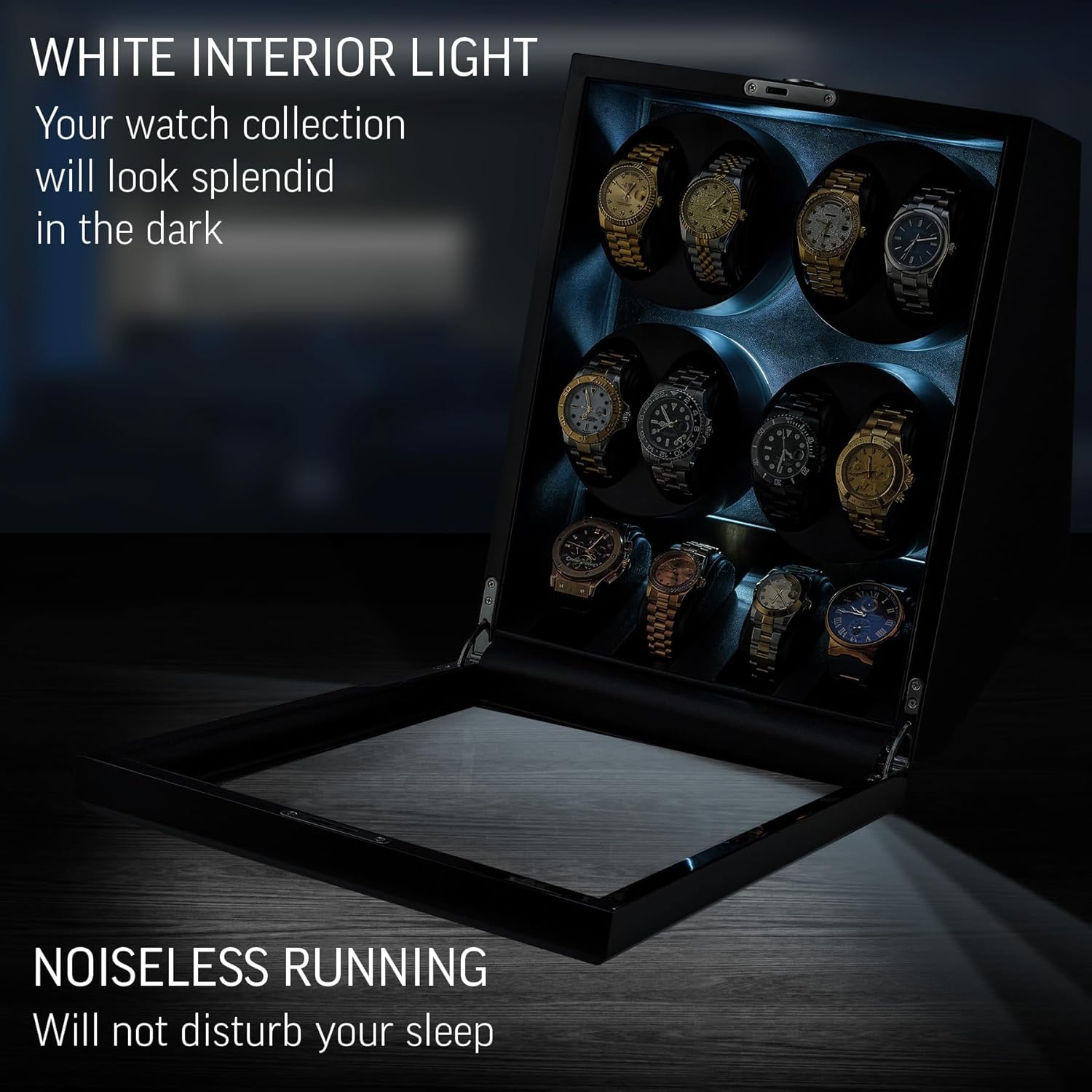 TIMECUBE 8 Watch Winder with 4 Storage Slots, LED Light and Automatic Motor-Stop