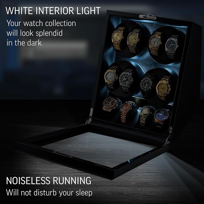 TIMECUBE 8 Watch Winder with 4 Storage Slots, LED Light and Automatic Motor-Stop