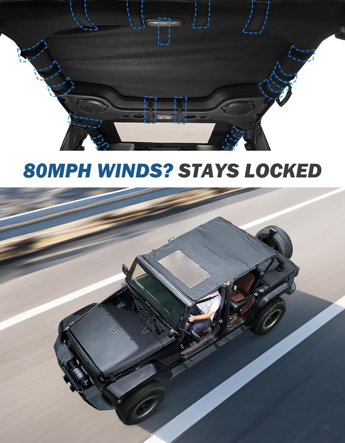 JOYTUTUS Waterproof Sun Shade Top for Wrangler JKU 4-Door (2007-2018) – All-Weather Protection, UV Block, Rainproof & Noise Reducing Soft Top Cover