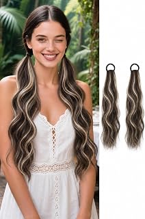 2PCS Curly Ponytail Extension with Elastic Tie 17 Inch Resistant Synthetic Natural Wavy Hairpiece Pony Tail Hair Extensions Wave Fake Ponytail Hairpieces for Women Daily Wear (Brown Blonde Mix)