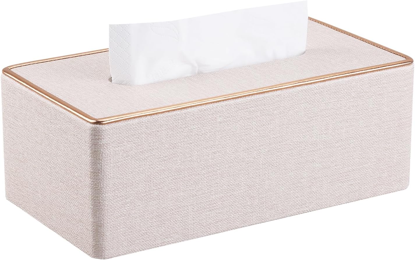 KINGFOM Rectangular PU Leather Tissue Box Holder, Facial Tissue Case Napkin Dispenser for Home Office Car Automotive Decoration with Gold Line(Pearl White-L)