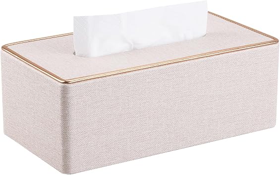 KINGFOM Rectangular PU Leather Tissue Box Holder, Facial Tissue Case Napkin Dispenser for Home Office Car Automotive Decoration with Gold LinePearl White-L
