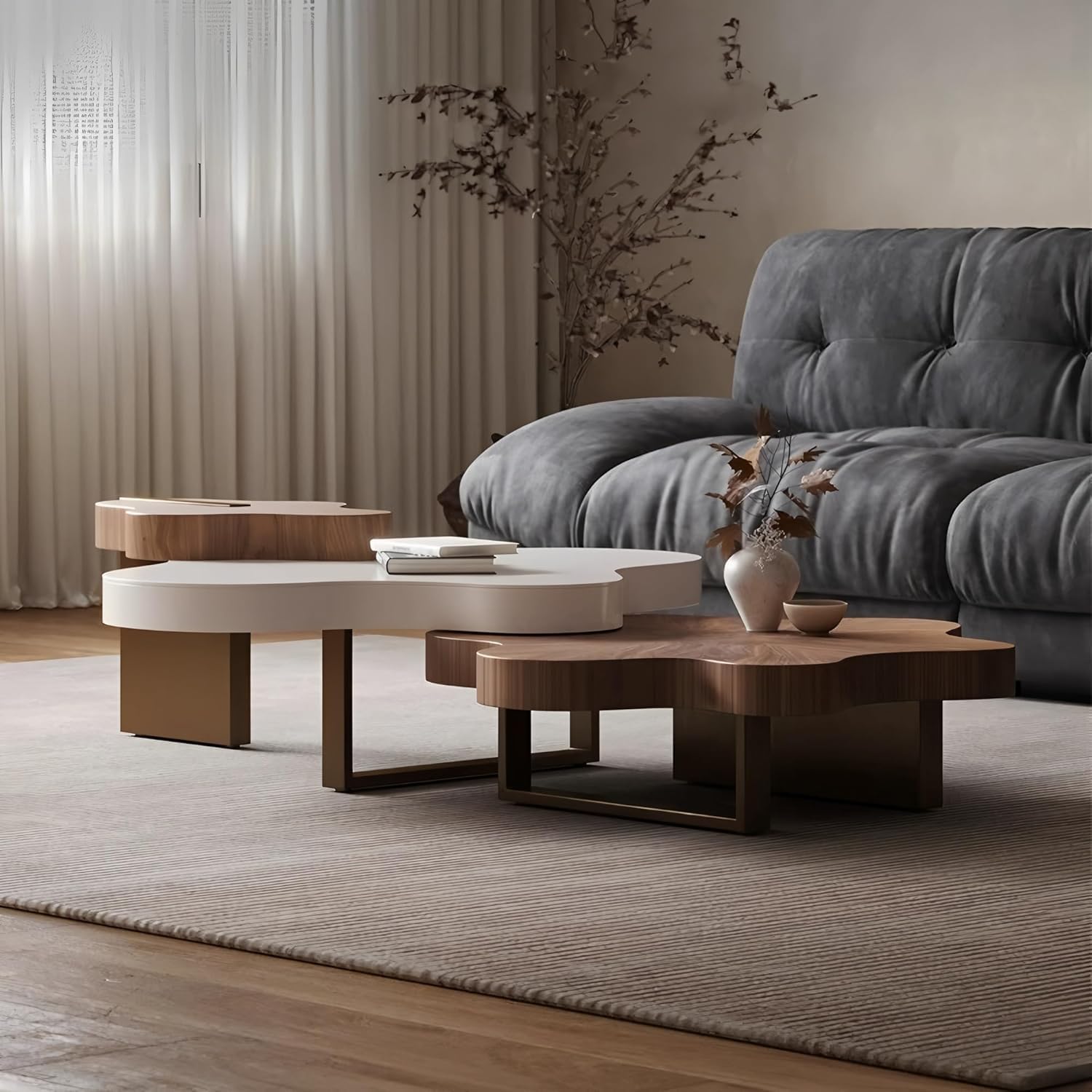 Modern Cloud-Shaped Coffee Table, 3pcs Wood Nesting, Coffee Table for Living Room Home Office, Fully-Assembled Walnut
