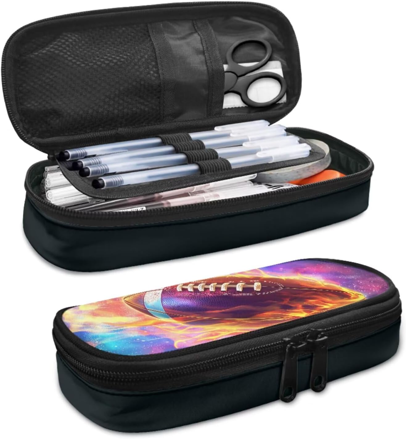 Galaxy Football Backpack for Boys Kids Backpack with Lunch Box and Soft Pencil Case 3PCS Set Bookbag with Compartments for School Teens 17 inch Large School Bag with Side Pocket for Girls