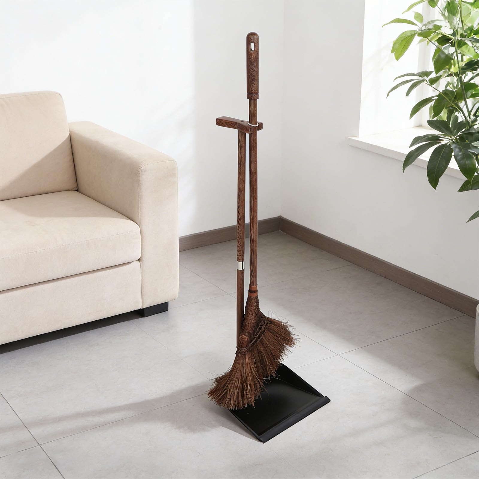 GALPADA Juego Combinado de Escoba y Recogedor de Madera de Palma con Cerdas Suaves y Densas para Limpieza de Pelos de Mascotas y Suelos de Madera en Interiores