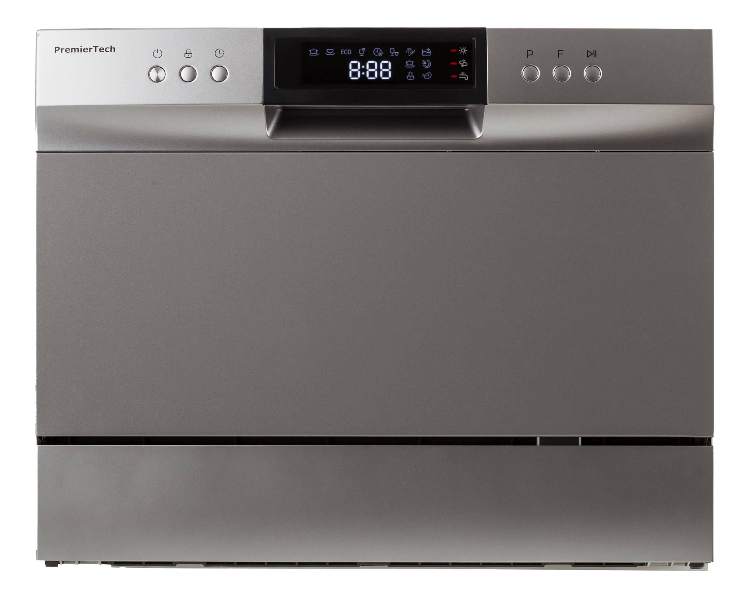 PremierTech Mini Lavastoviglie compatta da tavolo, Lavastoviglie 6 coperti, 8 programmi, Libera Installazione e Incasso, Da Appoggio, Display Led, Silver PTLS6S