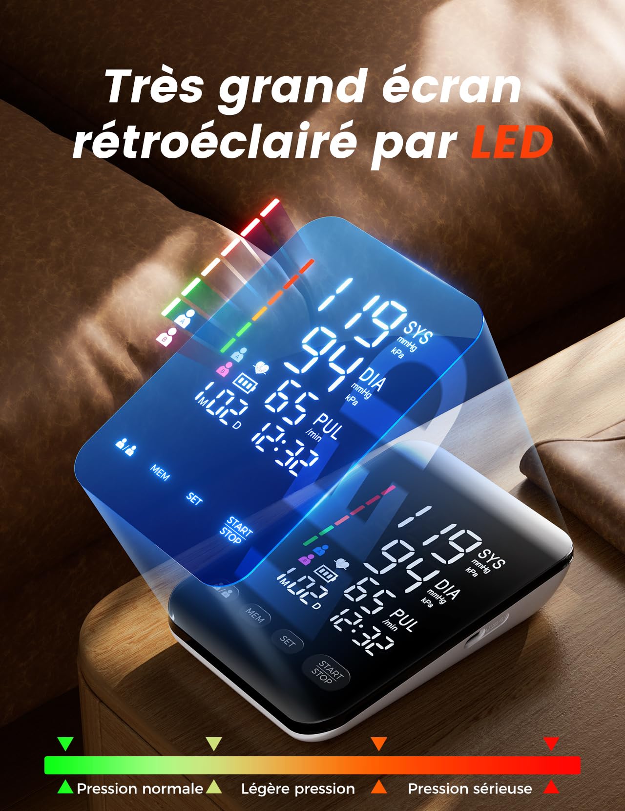 Tensiomètre Bras Professionnel avec écran LED HD, Circonférence 22-42 cm, 2 x 199 Utilisateurs, Batterie AA/Type-C