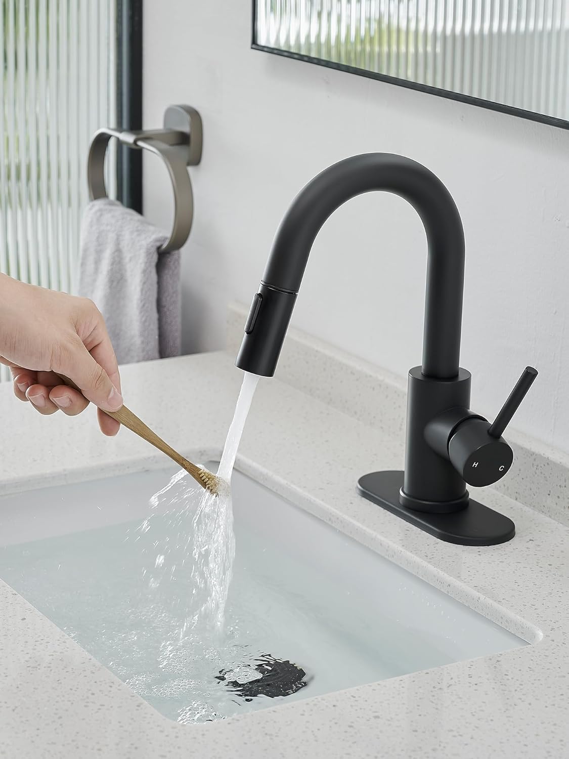 Black Bathroom Sink Faucet with Pull Out Sprayer for Sink 1 Hole,Bar Sink Faucet with Pop-Up Drain,Stainless Steel Single Handle Kitchen Faucet 360°Swivel Bathroom Faucets for Two Water Outlet Modes - Image 8
