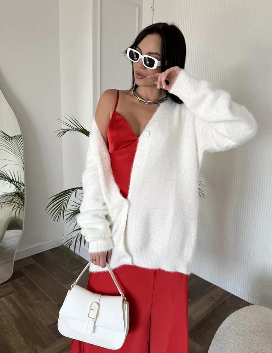 COZYPOIN Womens Fuzzy Mohair Cardigan Open Front Button Down V-Neck Long Sleeve Sweater Slouchy Drop Shoulder Knit Coat(White-S) - Image 2