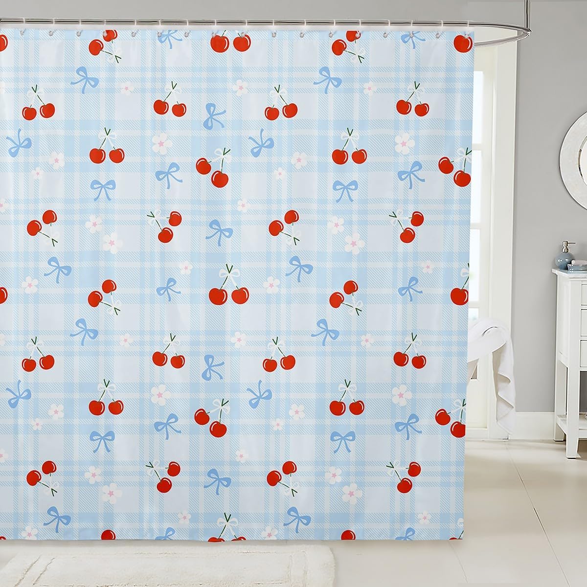 Blue Bowknot Shower Curtains,Daisy Flowers Cherry Fruit Princess Bathroom Curtains for Girls Women,Geometric Grid Plaid Patchwork Cute Romantic Waterproof Curtains,12 Hooks Suits,72" W x 84" L image 4