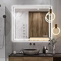 Vista 23 de Espejo de baño LED de 30x30 pulgadas con iluminación frontal y trasera (control independiente), espejo iluminado para pared de baño con 3