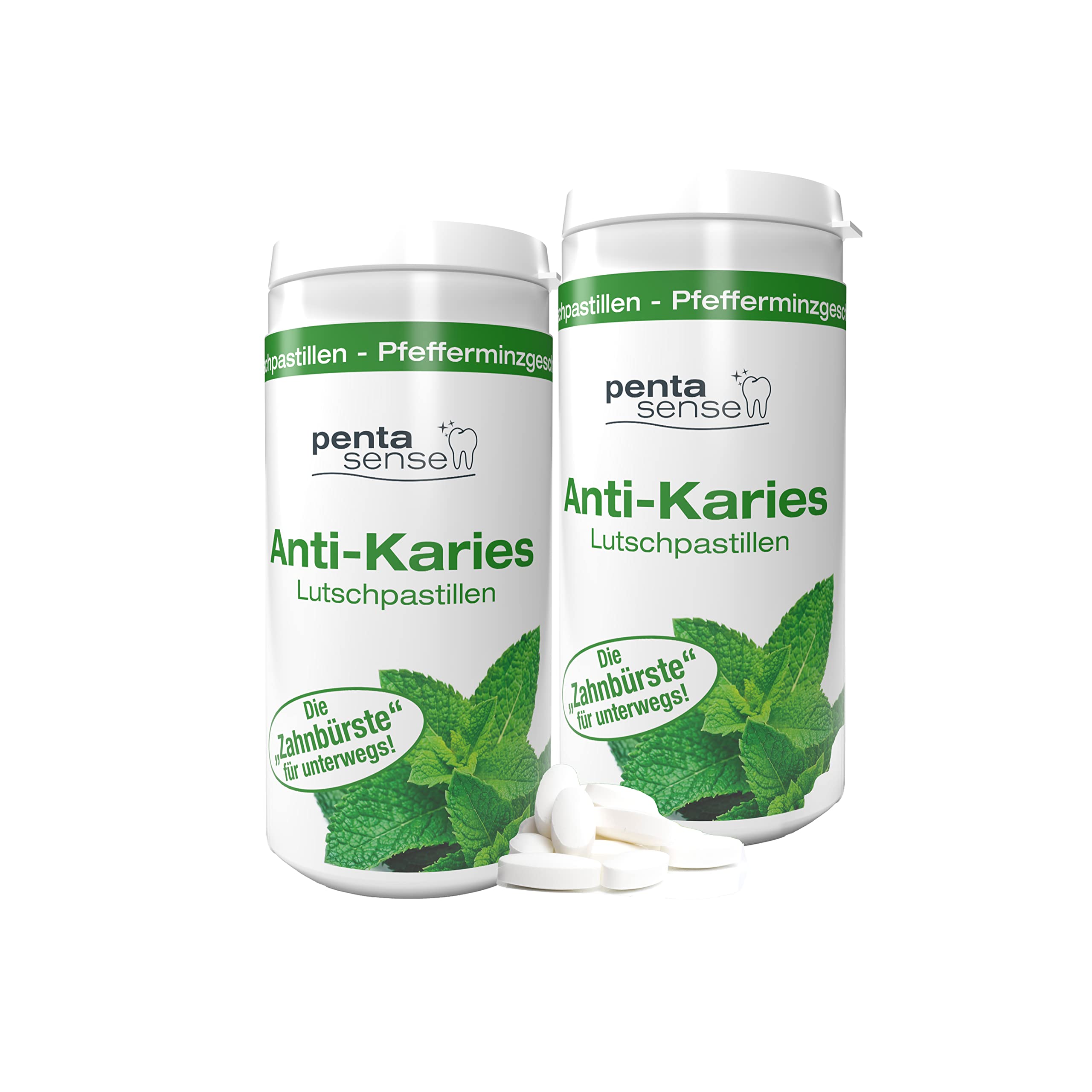 PentaSense® - Xylit Anti Karies Lutschpastillen mit Pfefferminzgeschmack gegen Plaque und Säure helfen den Zahnschmelz zu bewahren - 2X 150 Stück
