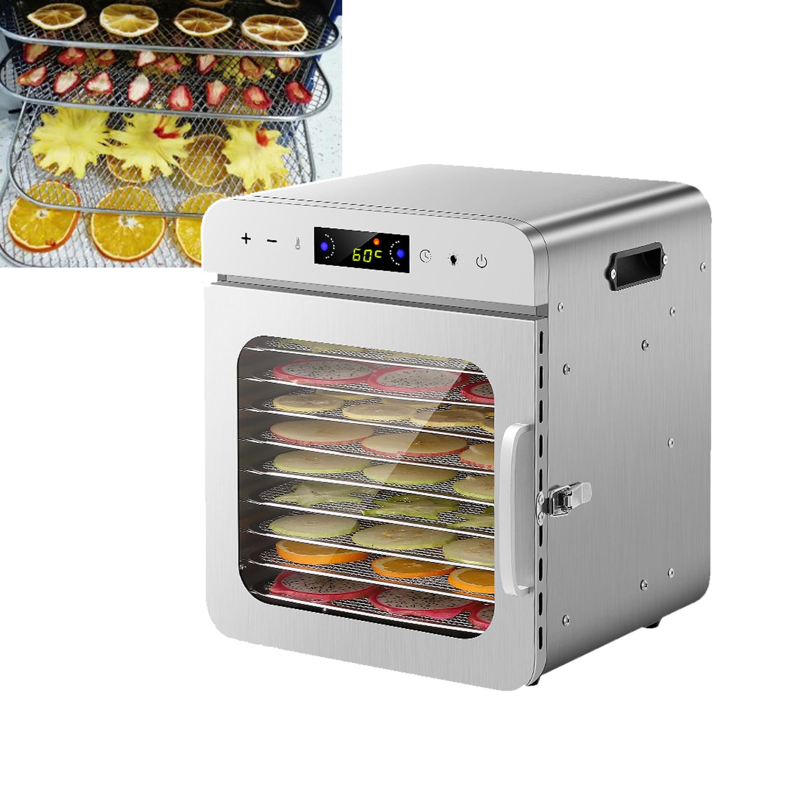 Deshidratador de alimentos digital Secador de frutas de gran capacidad Secador de alimentos eléctrico de 1000 W con temporizador de 24 horas Acero inoxidable 10 cajones para carne espasmódica carne de