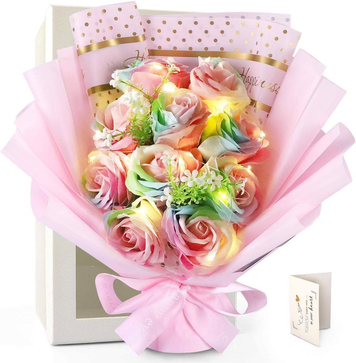 Amazon Yobansa Ledソープフラワー 花束 ブーケ 枯れない花 薔薇 シャボンフラワー 母の日のプレゼント 花 お見舞い 発表会 結婚記念日 退院祝い 出産祝い お祝い 入学 卒業 お子さんに 誕生日プレゼント女性 人気 など適切 ギフボークス 手提げ袋 メッセージカード