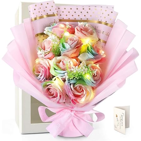 Amazon Yobansa Ledソープフラワー 花束 ブーケ 枯れない花 薔薇 七夕飾り シャボンフラワー 七夕造花 母の日に 七夕 教師日に お見舞い 発表会 結婚記念日 退院祝い 出産祝い お祝い 入学 卒業 お子さんに 誕生日プレゼント女性 人気 など適切 ギフボークス 手提げ袋