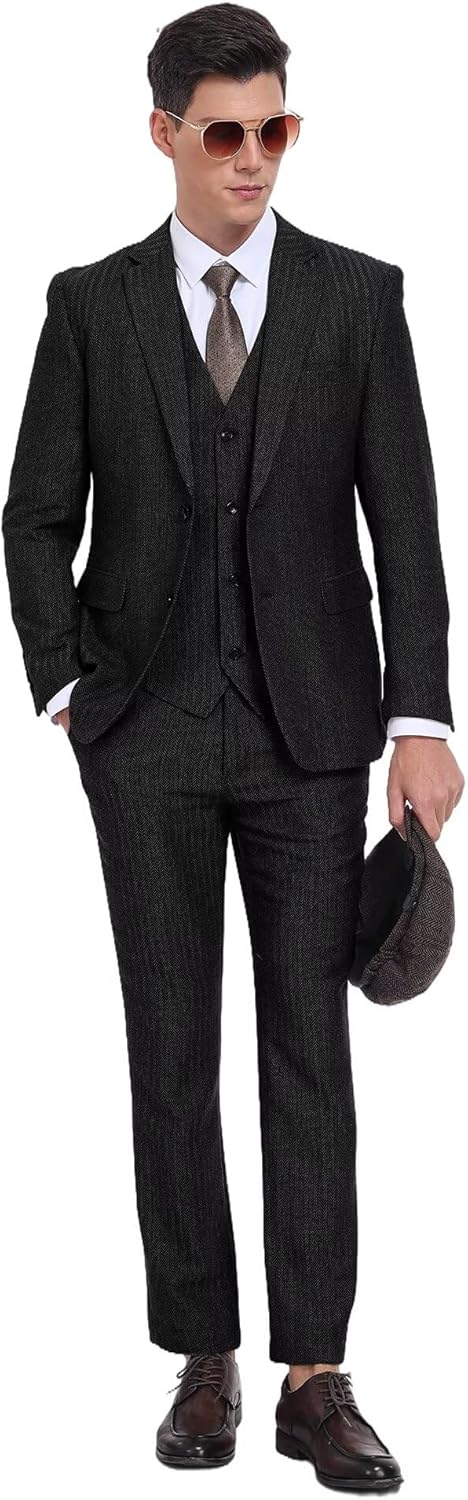 Retro 3 Piece Herringbone Tweed Suit Men's Wool Tuxedos Set Prom Brown Jacket Blazer Vest Pants Themed Wedding