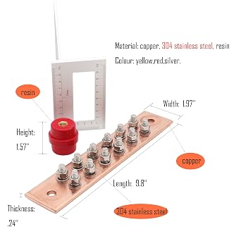 Wall Mounted Copper Ground Bar Kit, with 12 Terminal Positions,Copper Grounding Busbar Bar (.24