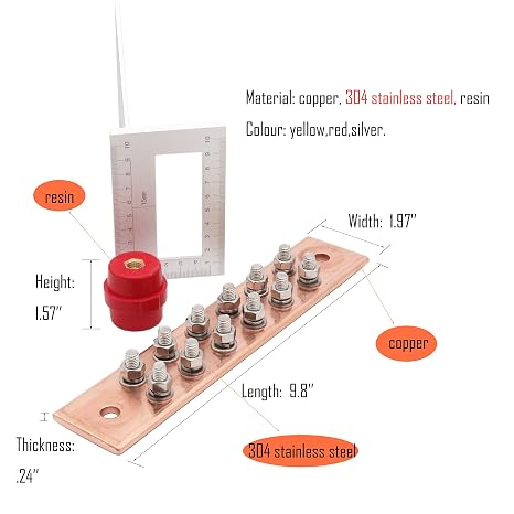 Wall Mounted Copper Ground Bar Kit, with 12 Terminal Positions,Copper Grounding Busbar Bar (.24