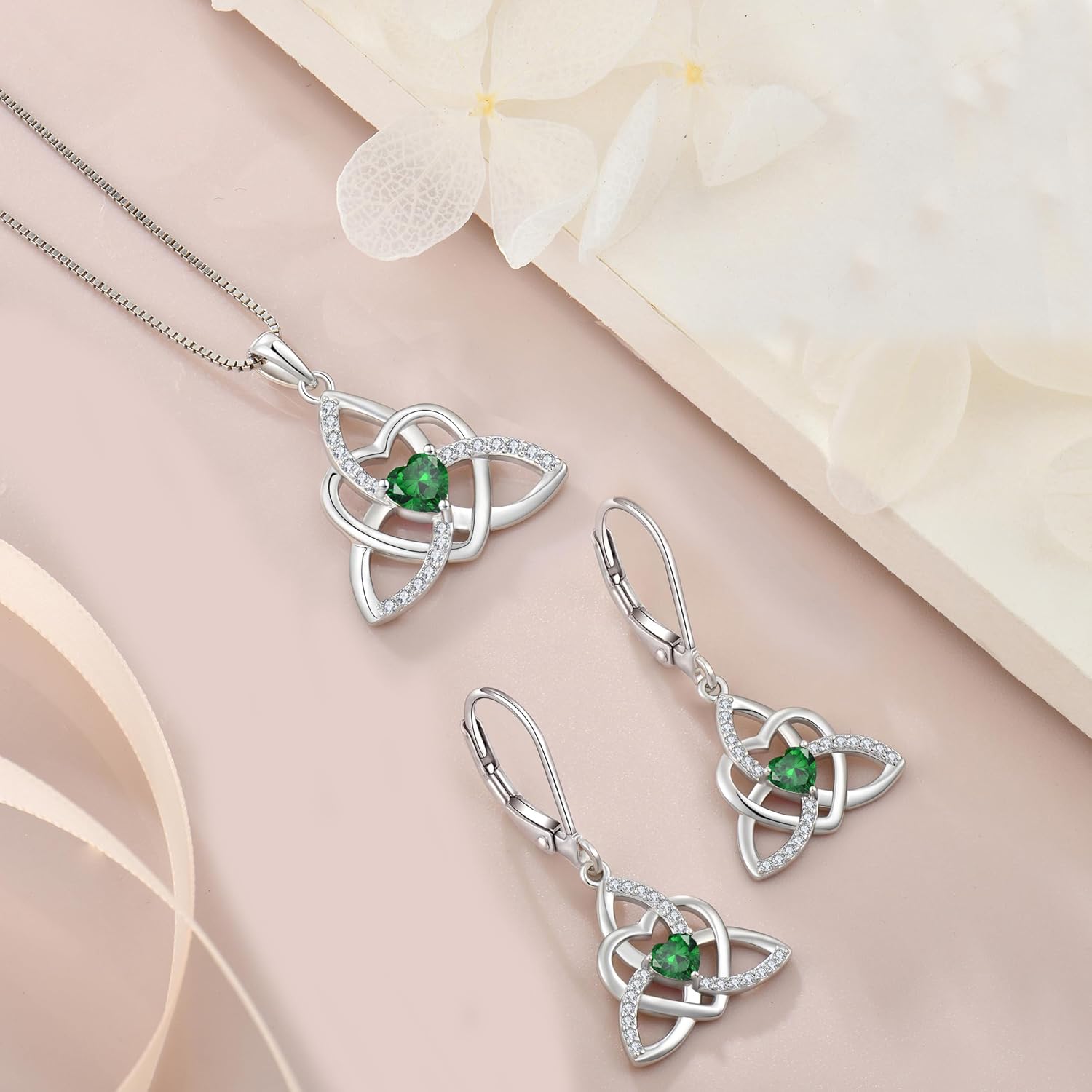 Trinity Knot Necklace Earrings 925 Sterling Silver Celtic Love Heart Knot Pendant Emerald Birthstone May Jewelry Set for Women