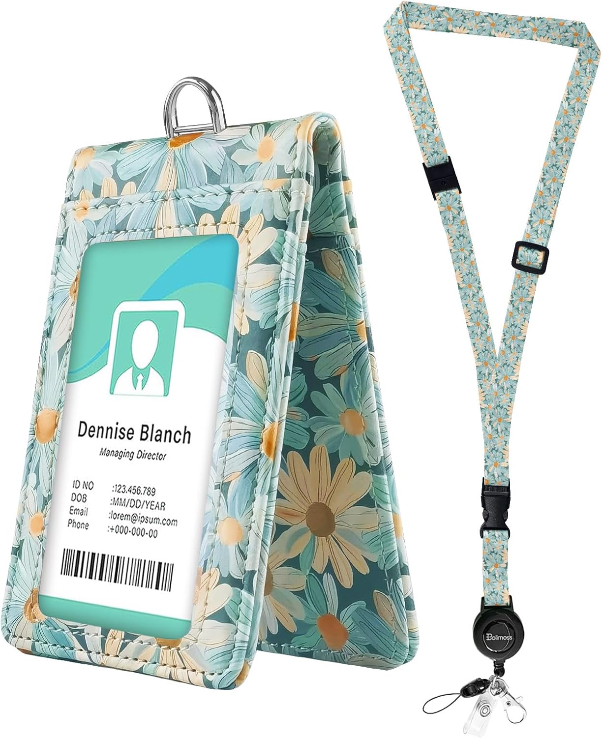 bolimoss Cute Leather Badges Holder with Double Sided Windows, Daisy Floral ID Name Badge Card Holder with Quick-Release Buckles & Adjustable Retractable Lanyards, Breakaway Neck Lanyards for Women