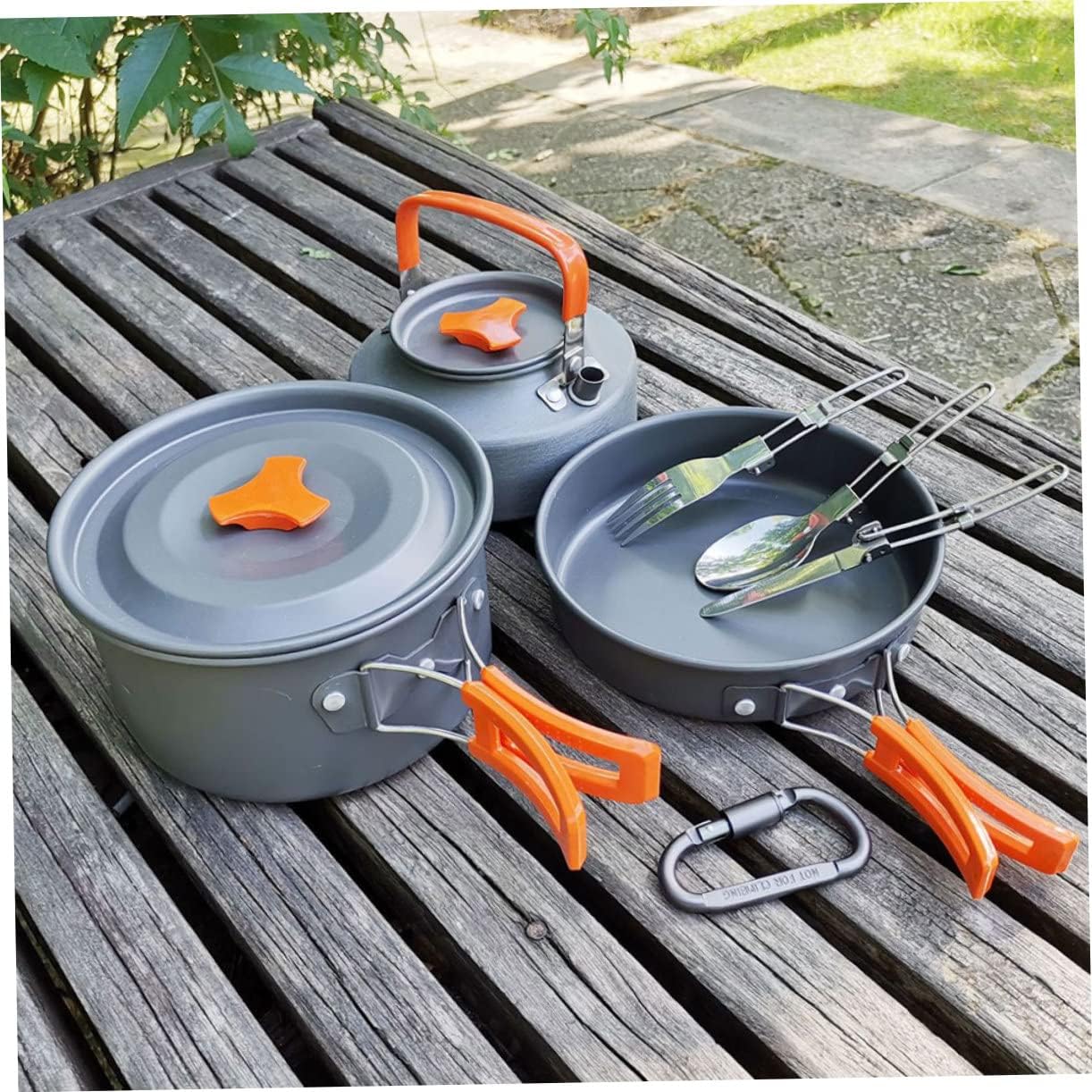 KICHOUSE 1set Portable Camping Cookware Set Teapot and Cooking Pan for People Lightweight Outdoor Cooking Utensils Orange for Hiking Backpacking and Picnics
