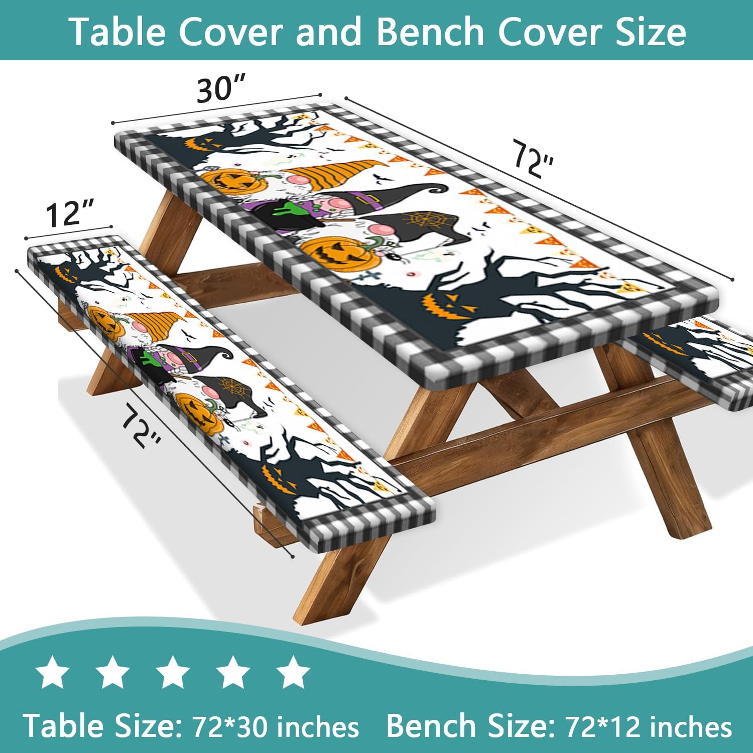 Wathon Picnic Table Cover with Bench Covers 6FT 3PCS Fitted Camping Tablecloth Reusable Waterproof Oilproof with Elastic Edge for Indoor Outdoor Patio Buffalo Plaid Halloween Hocus Pocus Gnomes 72inch image 4