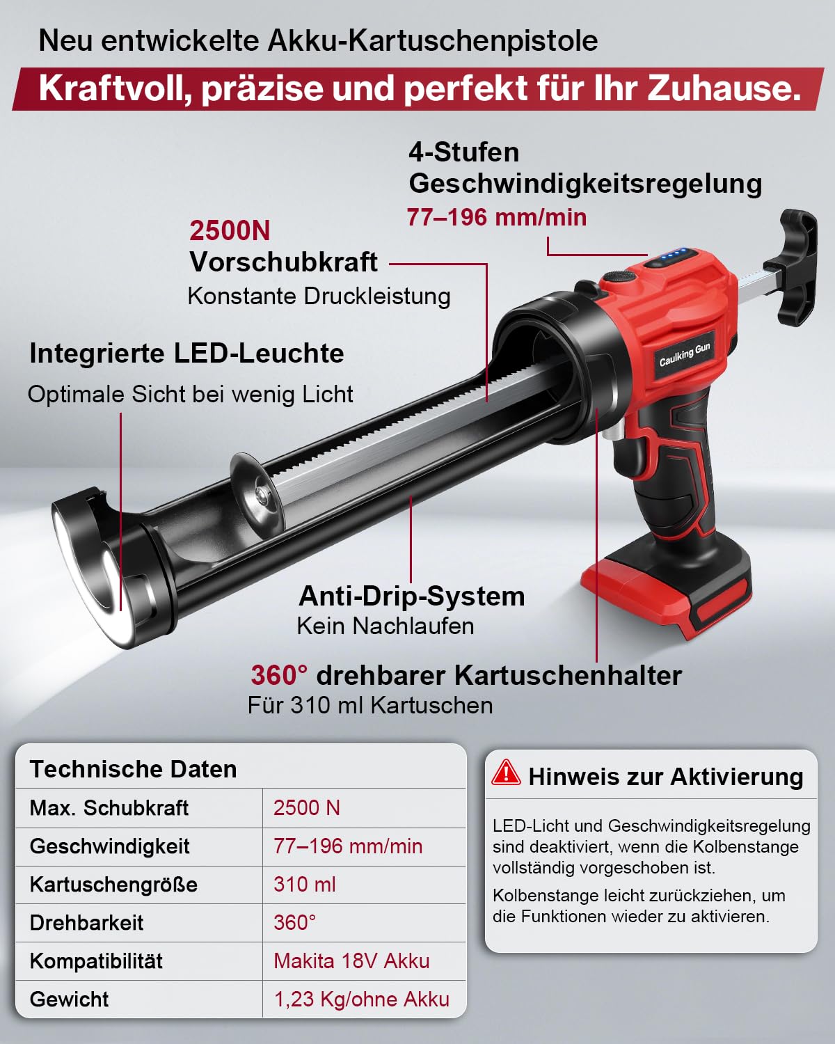 Lytool Akku Kartuschenpresse Kompatibel mit Makita Akku-18V mit LED-Licht | Elektrische Kartuschenpistole Silikonpistole Akku, einstellbare Drehzahl für 310 ml-Kartuschen (Ohne Akku)