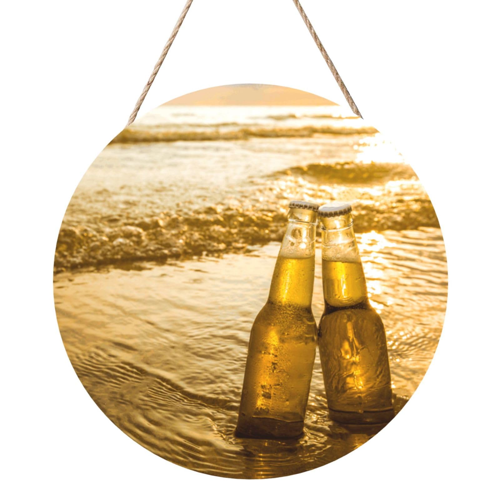 InOmak Bottles Beer Beach Sunset Time Printed, Round Wood Panel Painting 12 in, Wall Hanging Painting For Home