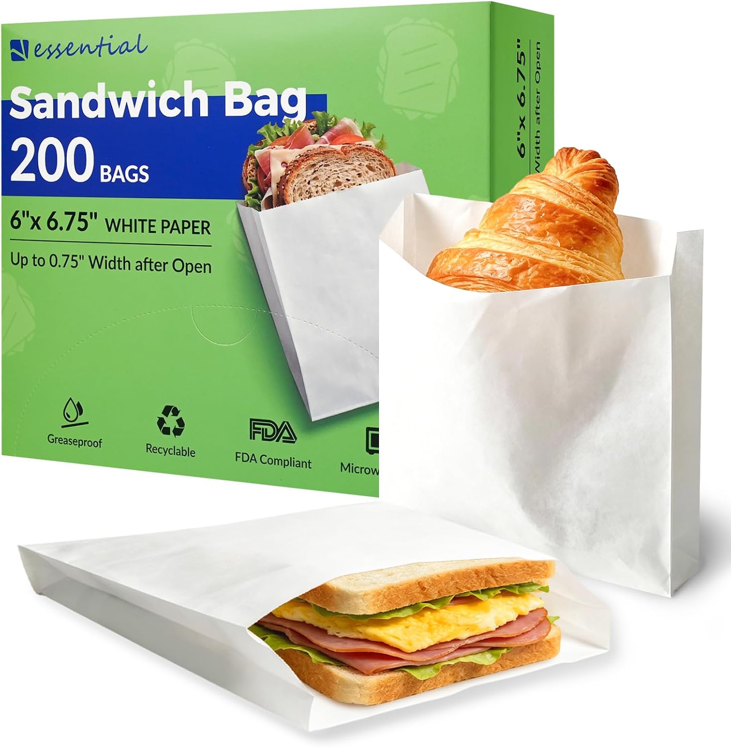 ESSENTIAL 200 Pack Paper Sandwich Bags, 6”x 6.75”x 0.75" Small Snack Bags