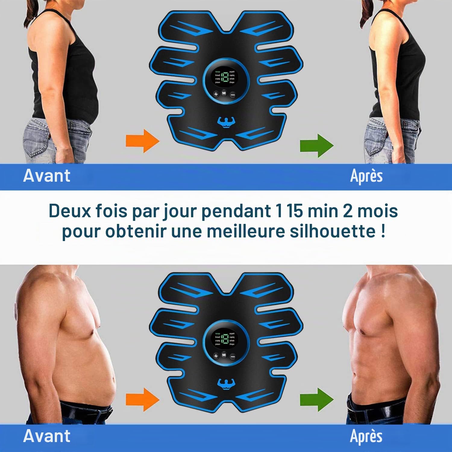 Électrostimulateur pour abdominaux, électrostimulateur musculaire, stimulateur EMS, ceinture tonifiante abdominale USB, ceinture abdominale pour des muscles abdominaux minces et toniques, abdomen/bras