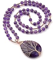 TopPlaza Amethyst Healing Crystal Tree of Life Necklace - Wire Wrapped Natural Gemstone Teardrop Pendant for Women & Moms
