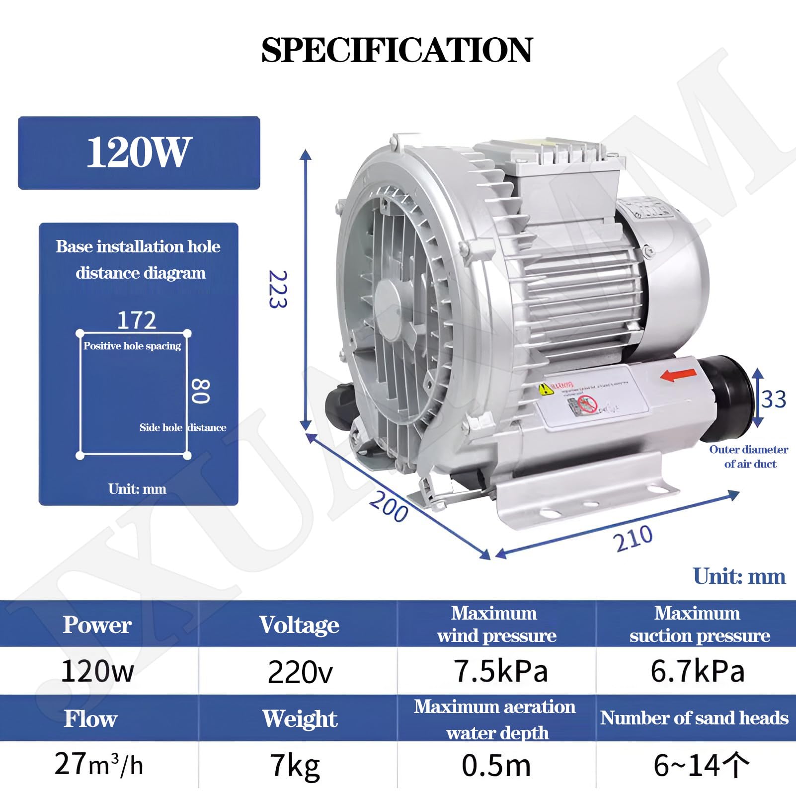 Soplador Regenerativo Industrial, Soplador De Anillo De Vórtice De Alta Presión De, Soplador De Canal Lateral, For Acuicultura For Soplado De Aire O Succión De Estanque De Peces De Acuario,220V-120W