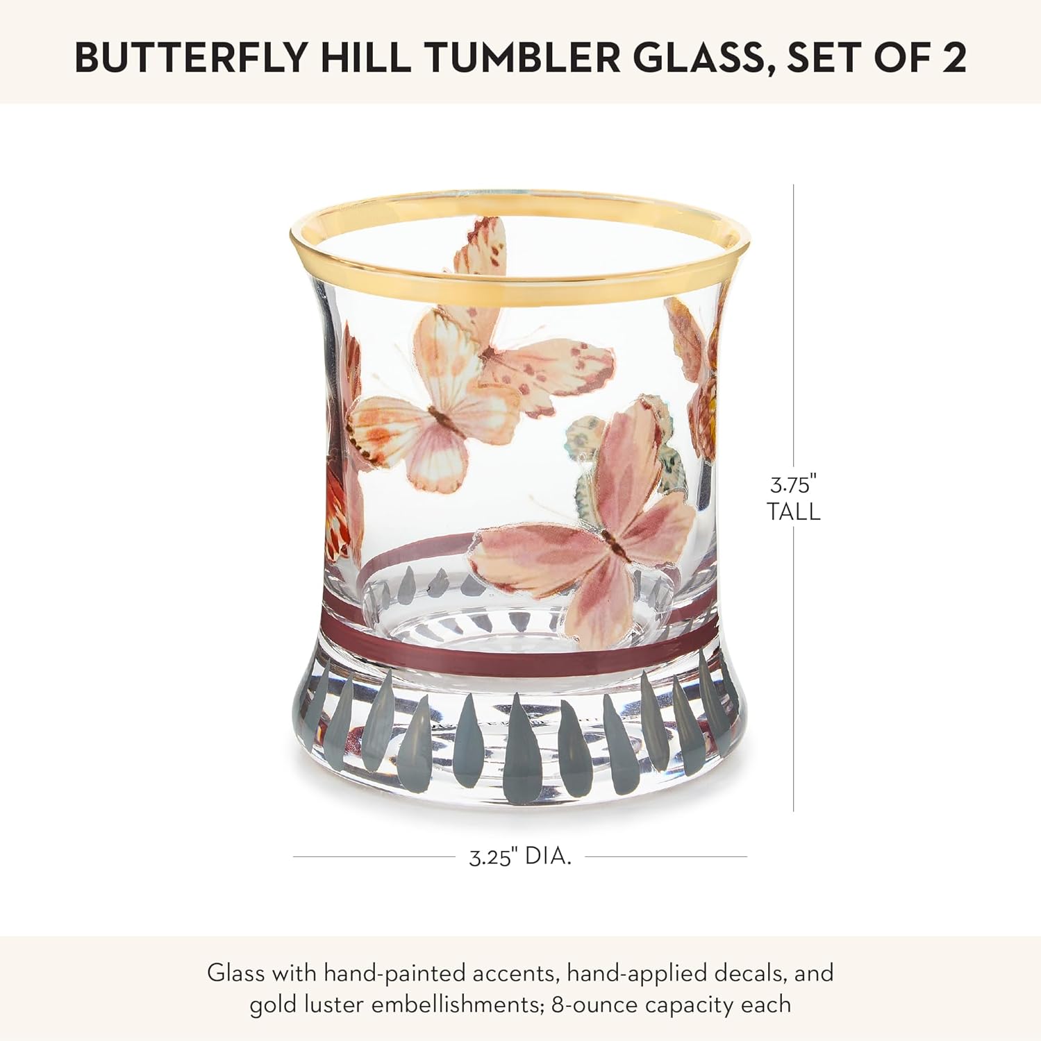 MACKENZIE-CHILDS Tumbler Glasses, Elegant Drinkware, Glasses with Gold Rim, 8 Ounces, Set of 2, Butterfly Hill
