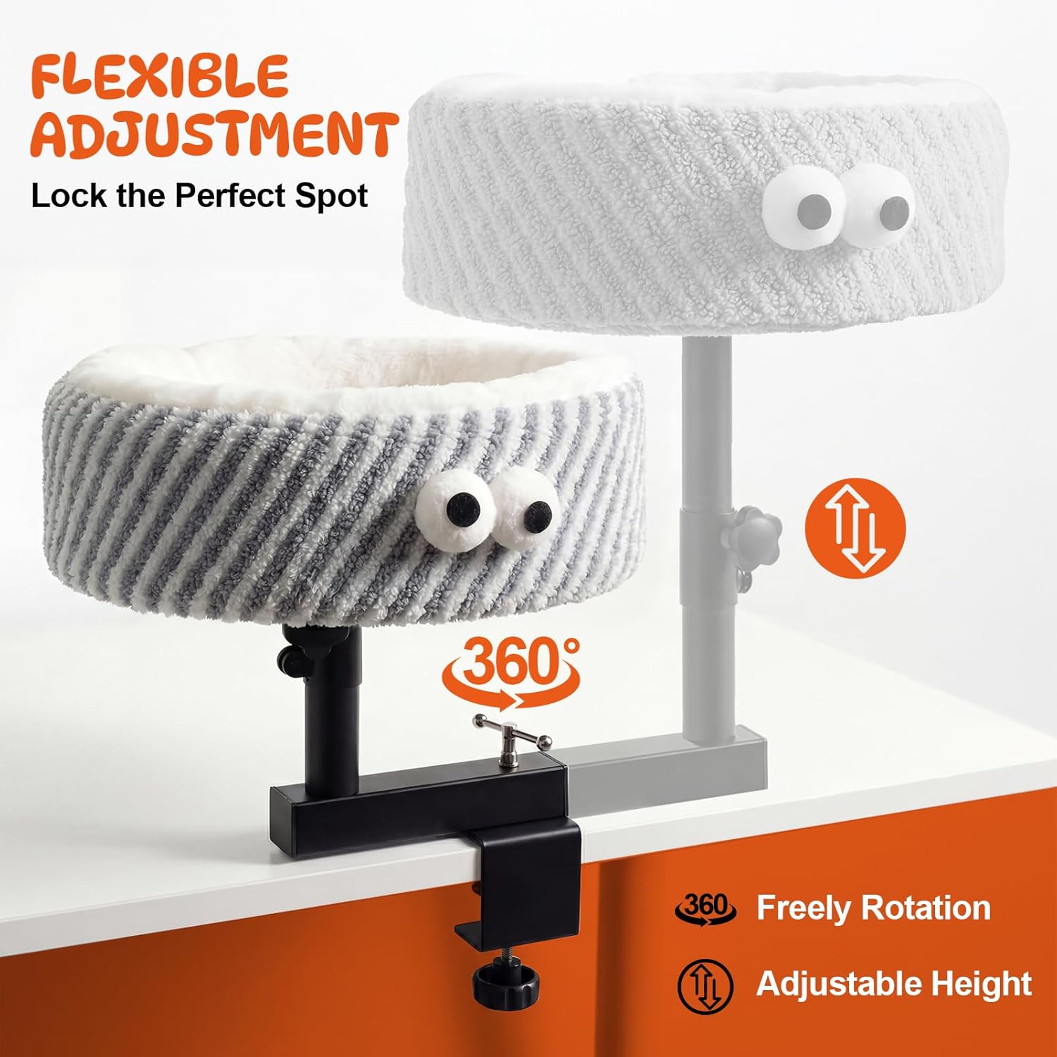 Cat Desk Bed, Height Adjustable 360° Rotating Desk Mounted Cat Bed, 2-in-1 Cat Desk Perch Hammock, Desk Cat Bed Attachment with Washable Cushion for Most Cats (Gray)