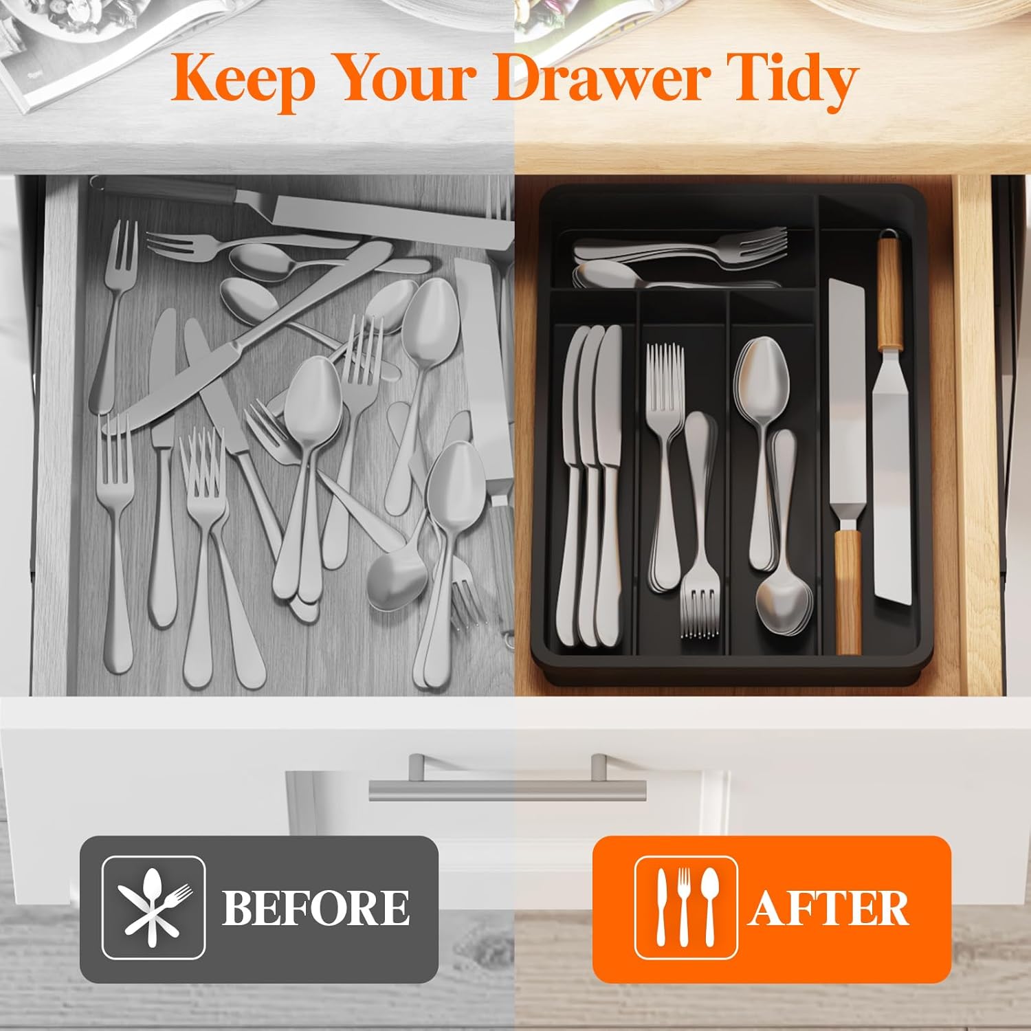 Lifewit Silverware Drawer Organizer Tray, Plastic Cutlery Storage for Kitchen, Flatware and Utensil Holder Divider for Spoons Forks Knives Tableware, 9.5 x 13.4", 5 Slots, Black - Image 7