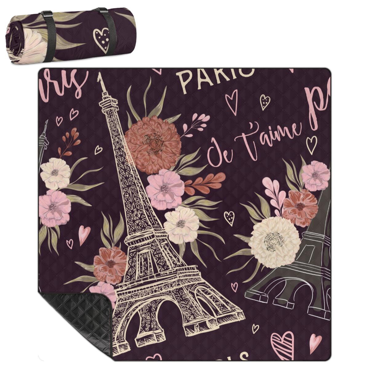 Shimoshe Extra Large Picnic Blankets 79”x 79”, Flower Eiffel Tower Waterproof Foldable Picnic Mat with Straps Portable Beach Blanket for Camping Park Grass Beach Indoor